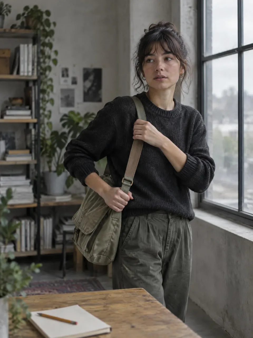 柔和窗光下，一位身穿深灰毛衣的女性站在工作室窗边